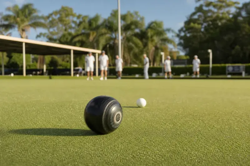 Competitive lawn bowls match on championship green