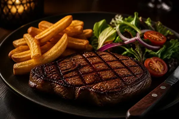 Grilled sirloin steak with chips and salad